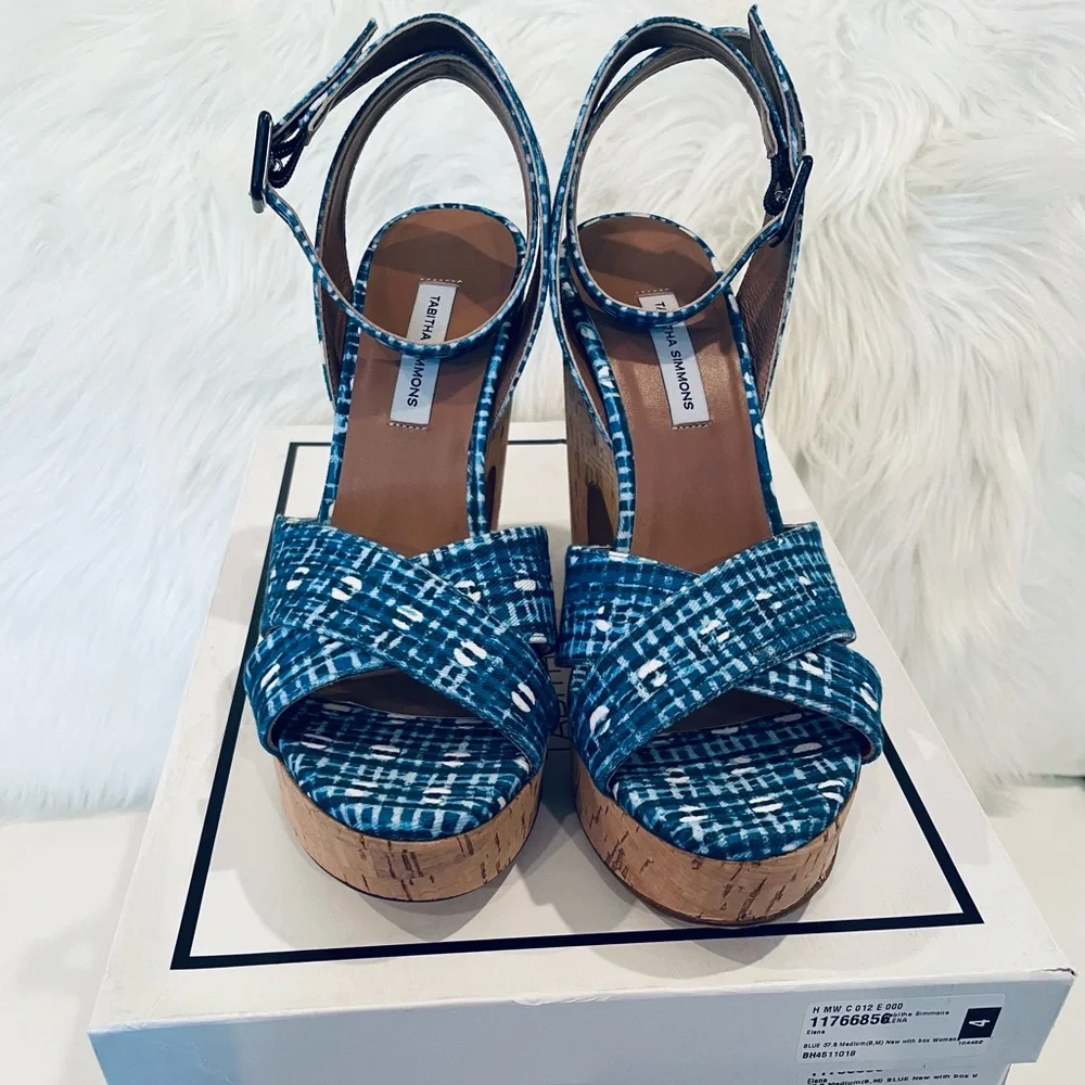 TABITHA SIMMONS gingham Elena blue NWT check cork platform volley 37 and 38.5